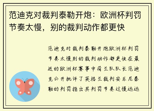范迪克对裁判泰勒开炮：欧洲杯判罚节奏太慢，别的裁判动作都更快
